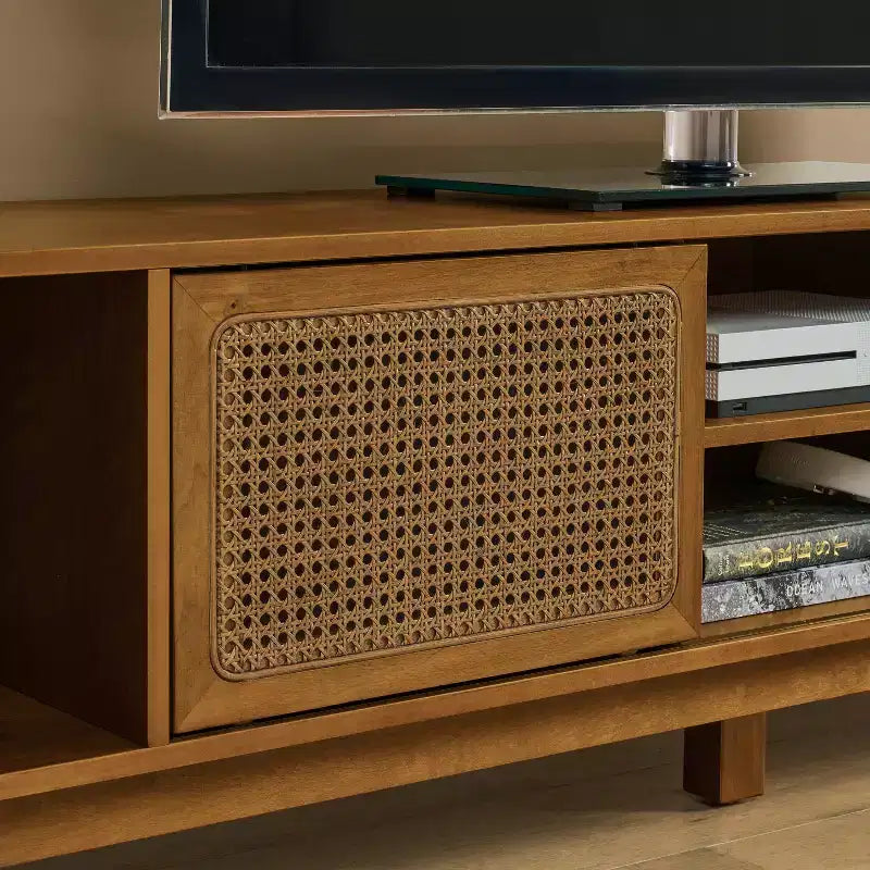 JVNOXK Meuble TV console de 172,5 cm en rotin, style moderne du milieu du siècle, pour téléviseurs jusqu'à 75 pouces ; idéal pour les salons, finition noyer