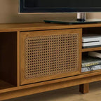 JVNOXK Meuble TV console de 172,5 cm en rotin, style moderne du milieu du siècle, pour téléviseurs jusqu'à 75 pouces ; idéal pour les salons, finition noyer