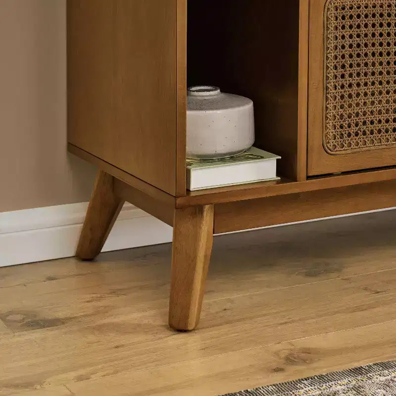 JVNOXK Meuble TV console de 172,5 cm en rotin, style moderne du milieu du siècle, pour téléviseurs jusqu'à 75 pouces ; idéal pour les salons, finition noyer