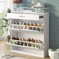 Slim Entryway Storage Cabinet, Fashion Organizer with 2 Flip Drawers, Tempered Glass Top with LED Lights, White, for Hallway Corridor