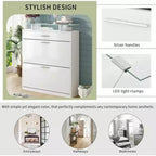 Meuble de Rangement d'Entrée Mince, Organisateur Tendance avec 2 Tiroirs Basculants, Plateau en Verre Trempé avec Lumières LED, Blanc, pour Couloir