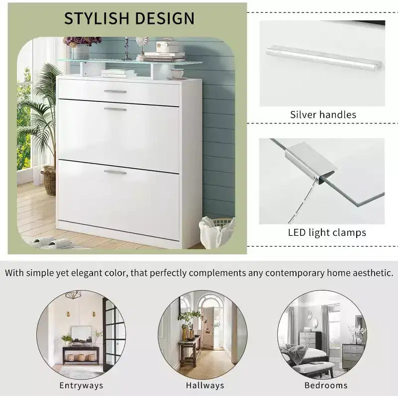 Meuble de Rangement d'Entrée Mince, Organisateur Tendance avec 2 Tiroirs Basculants, Plateau en Verre Trempé avec Lumières LED, Blanc, pour Couloir