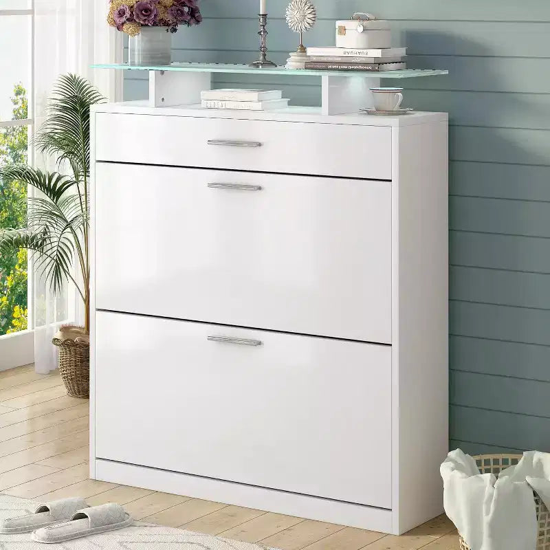 Meuble de Rangement d'Entrée Mince, Organisateur Tendance avec 2 Tiroirs Basculants, Plateau en Verre Trempé avec Lumières LED, Blanc, pour Couloir