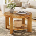 Lantine Round Solid Wood Coffee Table, 29.5 Farmhouse Circle Accent Center Tables with Storage Shelf for Living Room, Rustic Brown