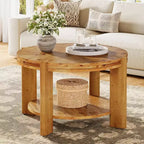 Lantine Round Solid Wood Coffee Table, 29.5 Farmhouse Circle Accent Center Tables with Storage Shelf for Living Room, Rustic Brown
