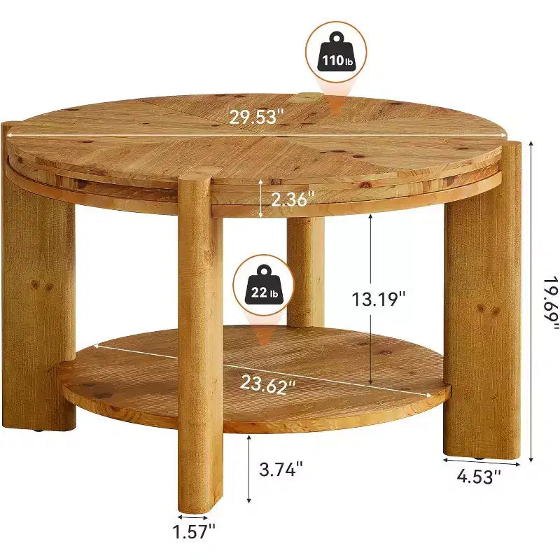 Table basse ronde Lantine en bois massif, 75 cm, tables d'appoint circulaires de style rustique avec étagère de rangement pour salon, marron rustique
