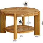 Table basse ronde Lantine en bois massif, 75 cm, tables d'appoint circulaires de style rustique avec étagère de rangement pour salon, marron rustique