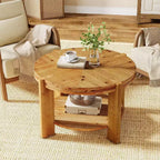 Table basse ronde Lantine en bois massif, 75 cm, tables d'appoint circulaires de style rustique avec étagère de rangement pour salon, marron rustique