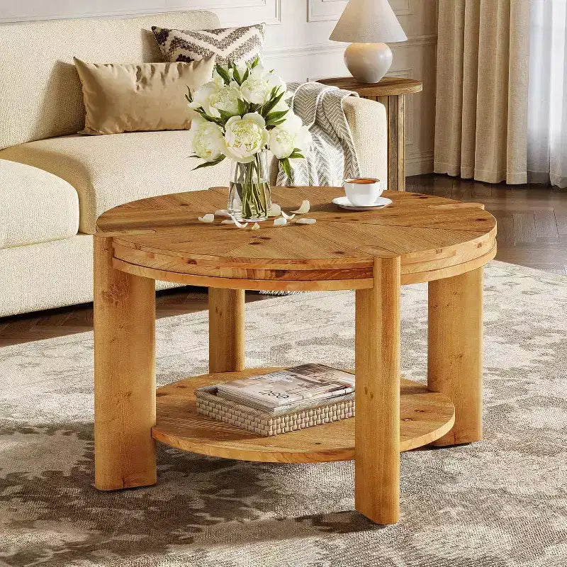 Table basse ronde Lantine en bois massif, 75 cm, tables d'appoint circulaires de style rustique avec étagère de rangement pour salon, marron rustique