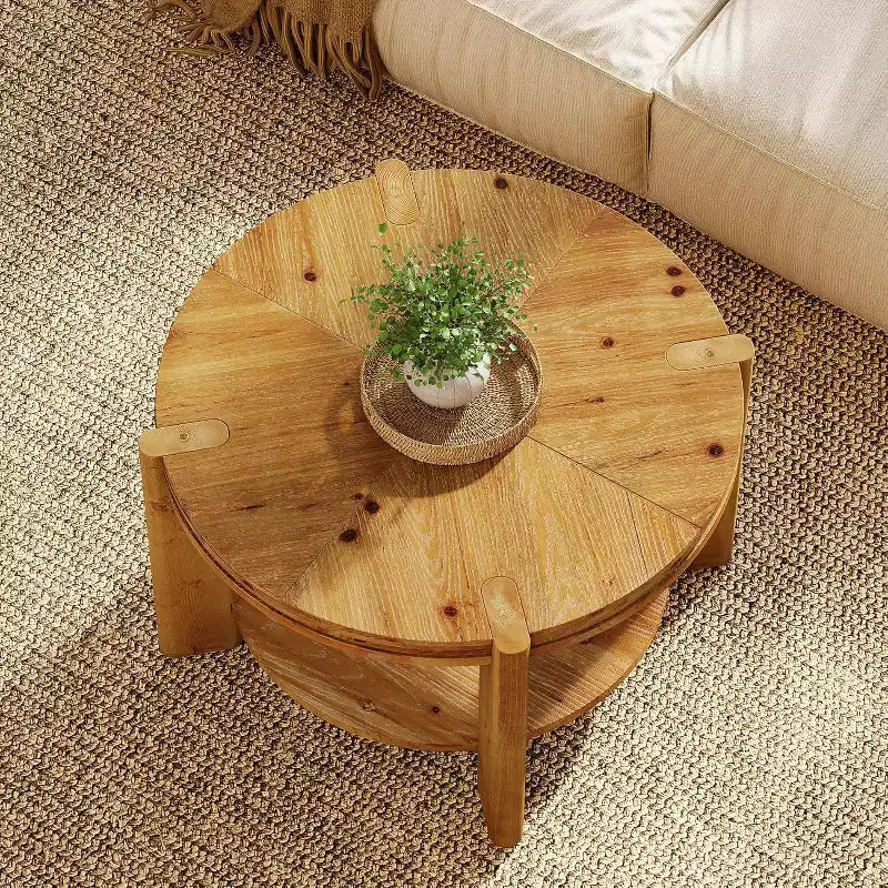 Table basse ronde Lantine en bois massif, 75 cm, tables d'appoint circulaires de style rustique avec étagère de rangement pour salon, marron rustique