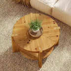 Table basse ronde Lantine en bois massif, 75 cm, tables d'appoint circulaires de style rustique avec étagère de rangement pour salon, marron rustique