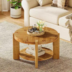Table basse ronde Lantine en bois massif, 75 cm, tables d'appoint circulaires de style rustique avec étagère de rangement pour salon, marron rustique