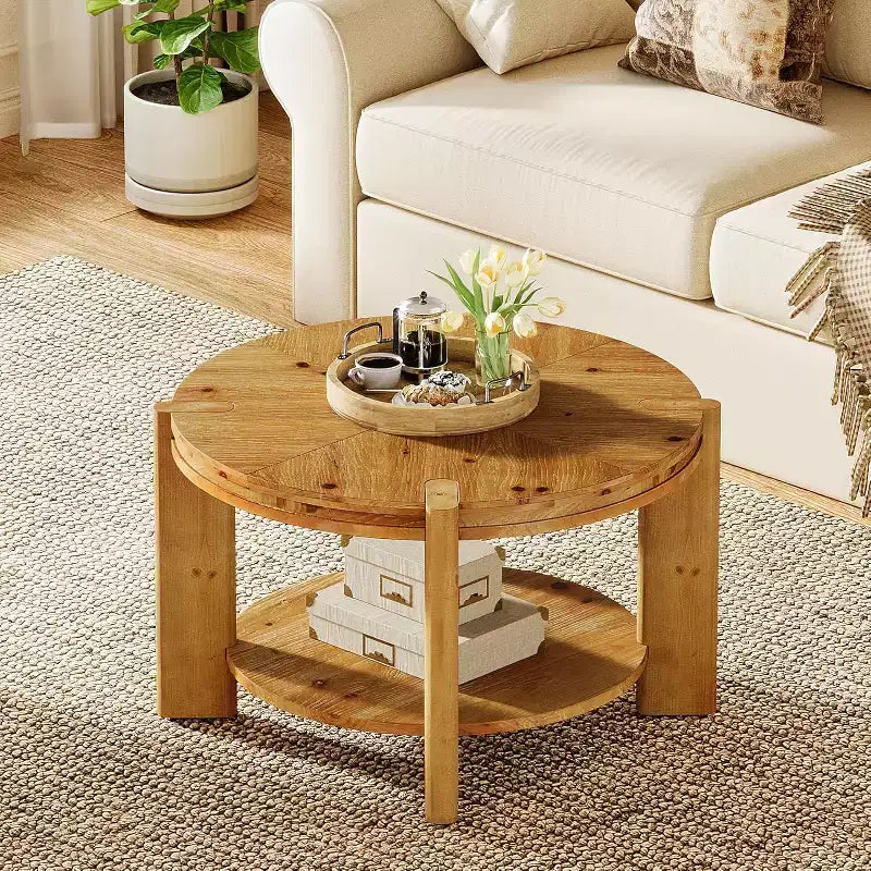 Table basse ronde Lantine en bois massif, 75 cm, tables d'appoint circulaires de style rustique avec étagère de rangement pour salon, marron rustique