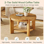 Table basse ronde Lantine en bois massif, 75 cm, tables d'appoint circulaires de style rustique avec étagère de rangement pour salon, marron rustique