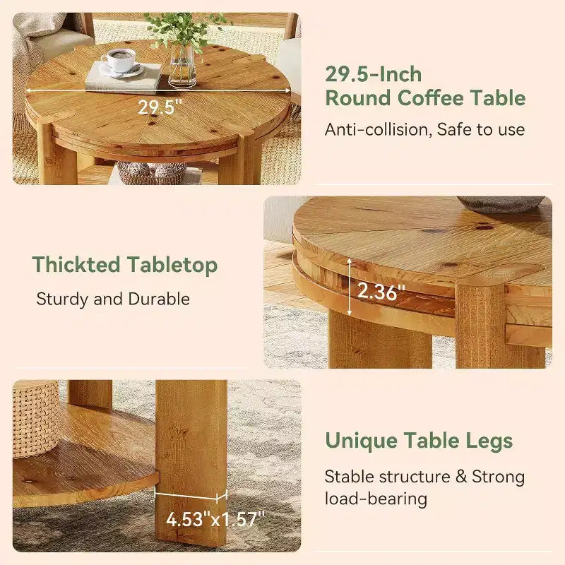 Table basse ronde Lantine en bois massif, 75 cm, tables d'appoint circulaires de style rustique avec étagère de rangement pour salon, marron rustique
