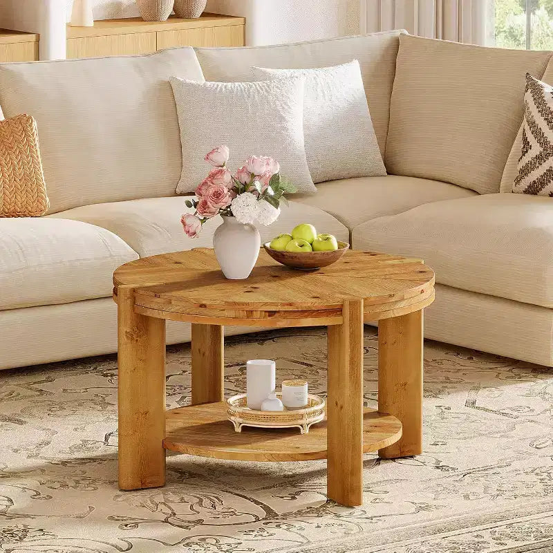 Table basse ronde Lantine en bois massif, 75 cm, tables d'appoint circulaires de style rustique avec étagère de rangement pour salon, marron rustique