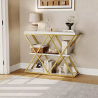 Console étroite à 3 niveaux avec étagères de rangement ouvertes Table de canapé d'entrée rustique de style ferme Pieds en métal en X Salon peu encombrant