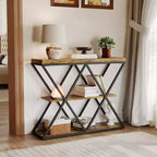 Console étroite à 3 niveaux avec étagères de rangement ouvertes Table de canapé d'entrée rustique de style ferme Pieds en métal en X Salon peu encombrant