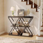 Console étroite à 3 niveaux avec étagères de rangement ouvertes Table de canapé d'entrée rustique de style ferme Pieds en métal en X Salon peu encombrant