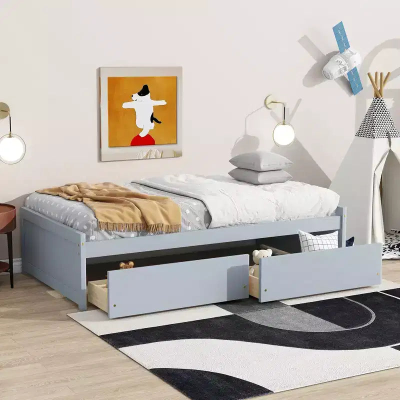 Lit plateforme double avec tiroirs, lit de repos en bois avec rangement pour chambre à coucher