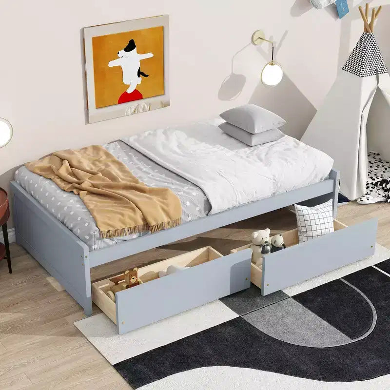 Lit plateforme double avec tiroirs, lit de repos en bois avec rangement pour chambre à coucher