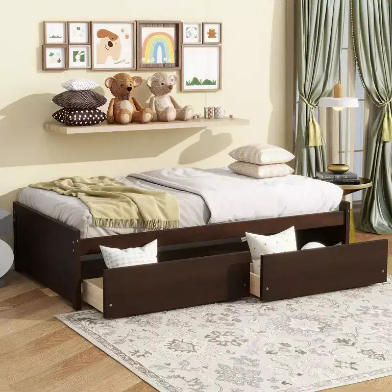 Lit plateforme double avec tiroirs, lit de repos en bois avec rangement pour chambre à coucher