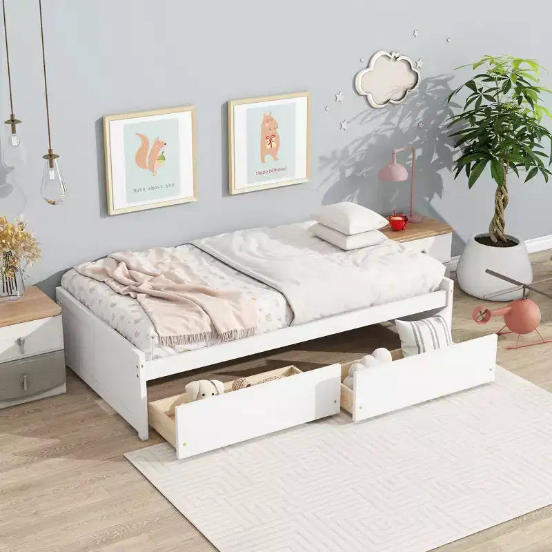Lit plateforme double avec tiroirs, lit de repos en bois avec rangement pour chambre à coucher