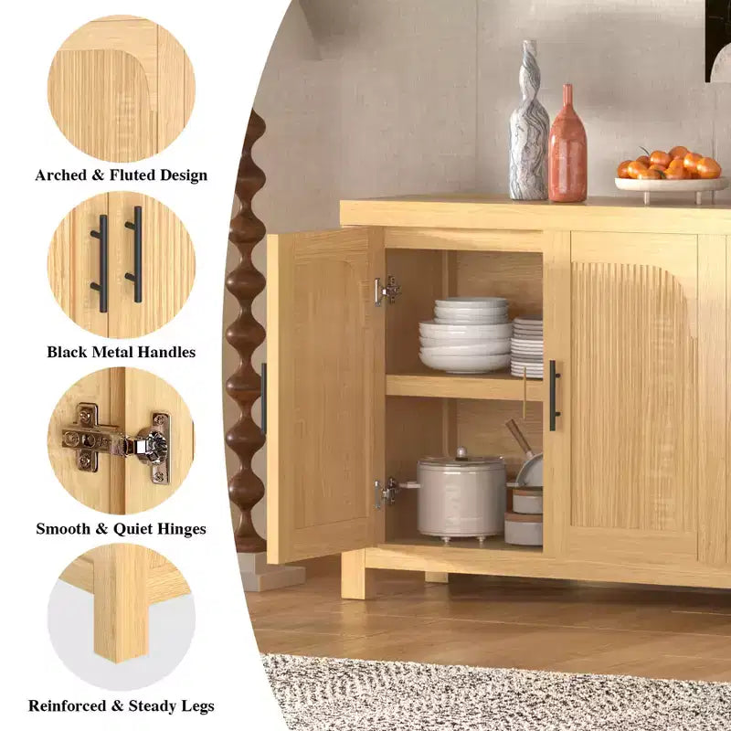 Buffet de salle à manger 71 po, Console de bar de style campagnard avec 4 portes, Meuble télé en bois, Desserte d'appoint pour salon et cuisine