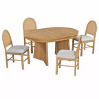 Ensemble de salle à manger rond en rotin pour 4 personnes, ensemble de salle à manger extensible avec 4 chaises rembourrées, ensemble table et chaises de cuisine pour petit espace, finition bois naturel