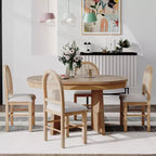 Ensemble de salle à manger rond en rotin pour 4 personnes, ensemble de salle à manger extensible avec 4 chaises rembourrées, ensemble table et chaises de cuisine pour petit espace, finition bois naturel