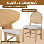 Ensemble de salle à manger rond en rotin pour 4 personnes, ensemble de salle à manger extensible avec 4 chaises rembourrées, ensemble table et chaises de cuisine pour petit espace, finition bois naturel
