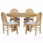 Ensemble de salle à manger rond en rotin pour 4 personnes, ensemble de salle à manger extensible avec 4 chaises rembourrées, ensemble table et chaises de cuisine pour petit espace, finition bois naturel