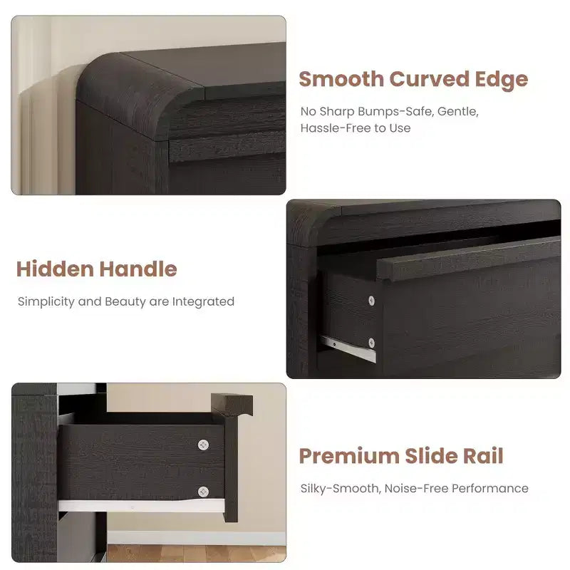 Commode arquée à 5 tiroirs, en bois de 114 cm de haut avec profil incurvé pour chambre moderne, salon, entrée, rangement de chambre d'enfant.