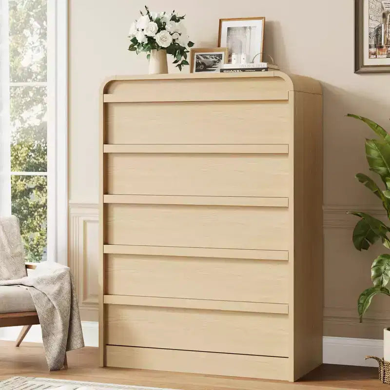 Commode arquée à 5 tiroirs, en bois de 114 cm de haut avec profil incurvé pour chambre moderne, salon, entrée, rangement de chambre d'enfant.