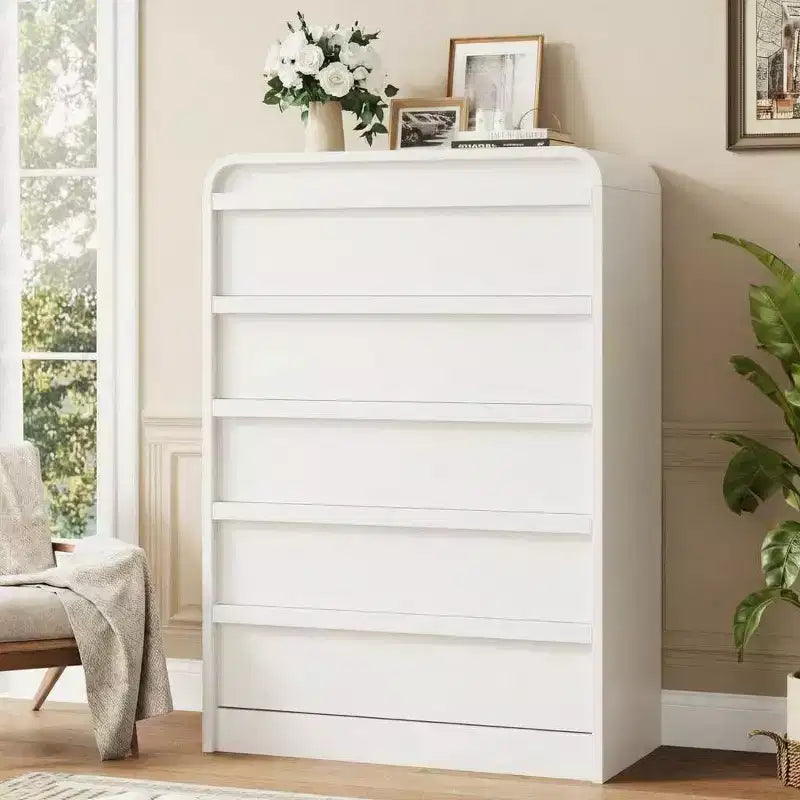 Commode arquée à 5 tiroirs, en bois de 114 cm de haut avec profil incurvé pour chambre moderne, salon, entrée, rangement de chambre d'enfant.