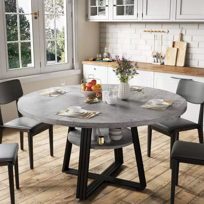 Table à manger ronde Acekool de 119 cm avec étagère de rangement et piètement en métal, 4-6 places, pour cuisine ou salle à manger
