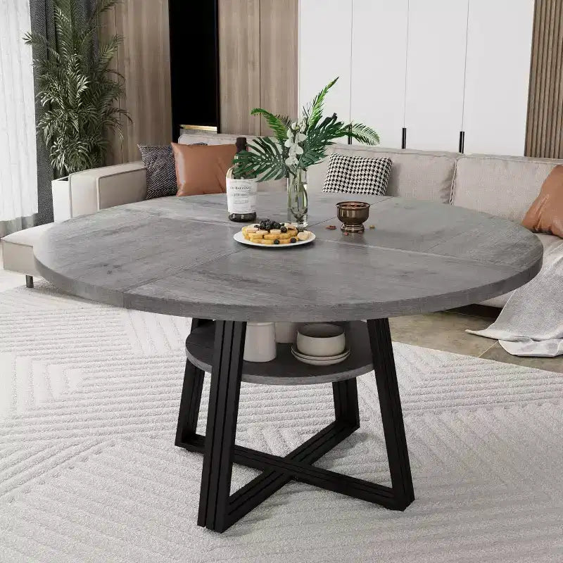 Table à manger ronde Acekool de 119 cm avec étagère de rangement et piètement en métal, 4-6 places, pour cuisine ou salle à manger