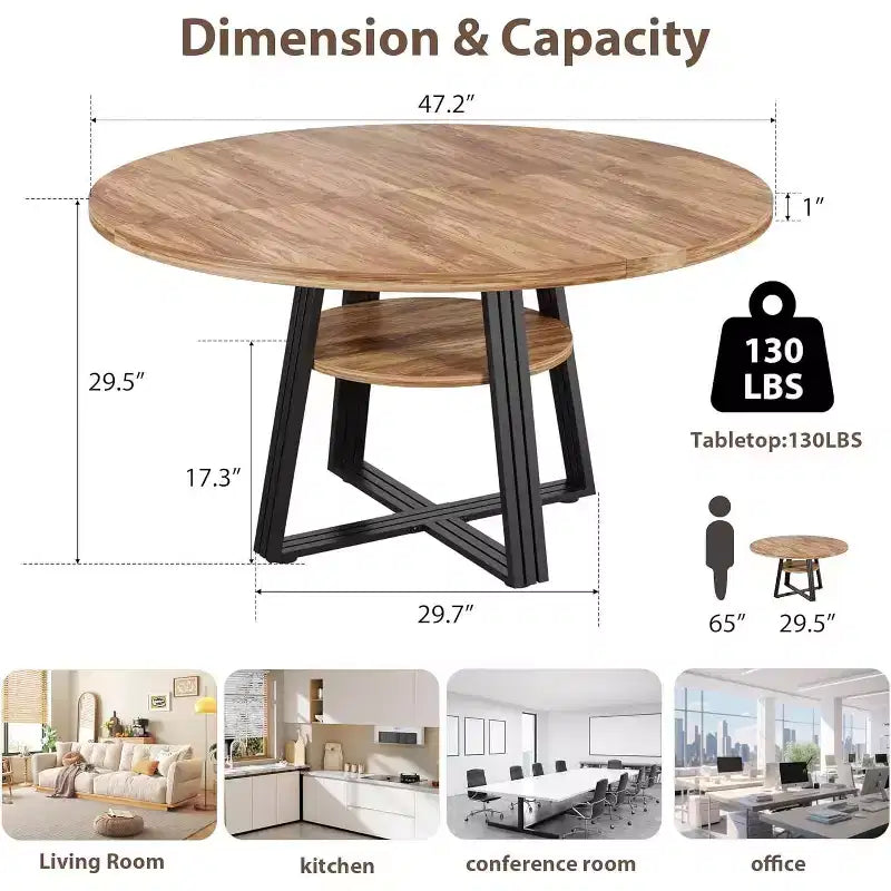 Table à manger ronde Acekool de 119 cm avec étagère de rangement et piètement en métal, 4-6 places, pour cuisine ou salle à manger