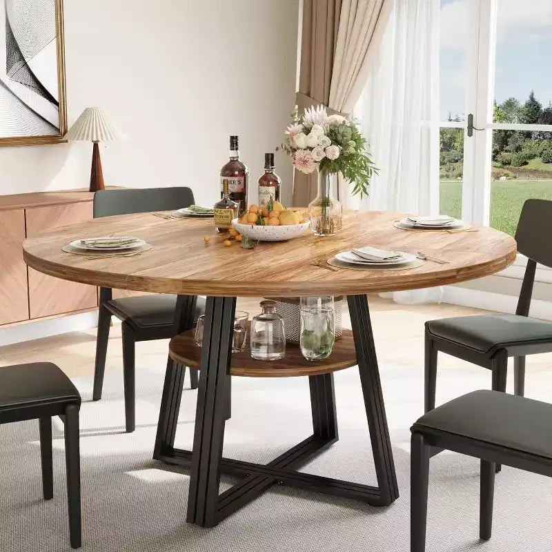 Table à manger ronde Acekool de 119 cm avec étagère de rangement et piètement en métal, 4-6 places, pour cuisine ou salle à manger