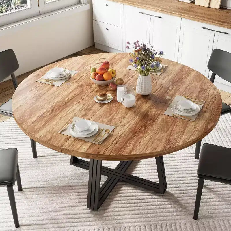 Table à manger ronde Acekool de 119 cm avec étagère de rangement et piètement en métal, 4-6 places, pour cuisine ou salle à manger