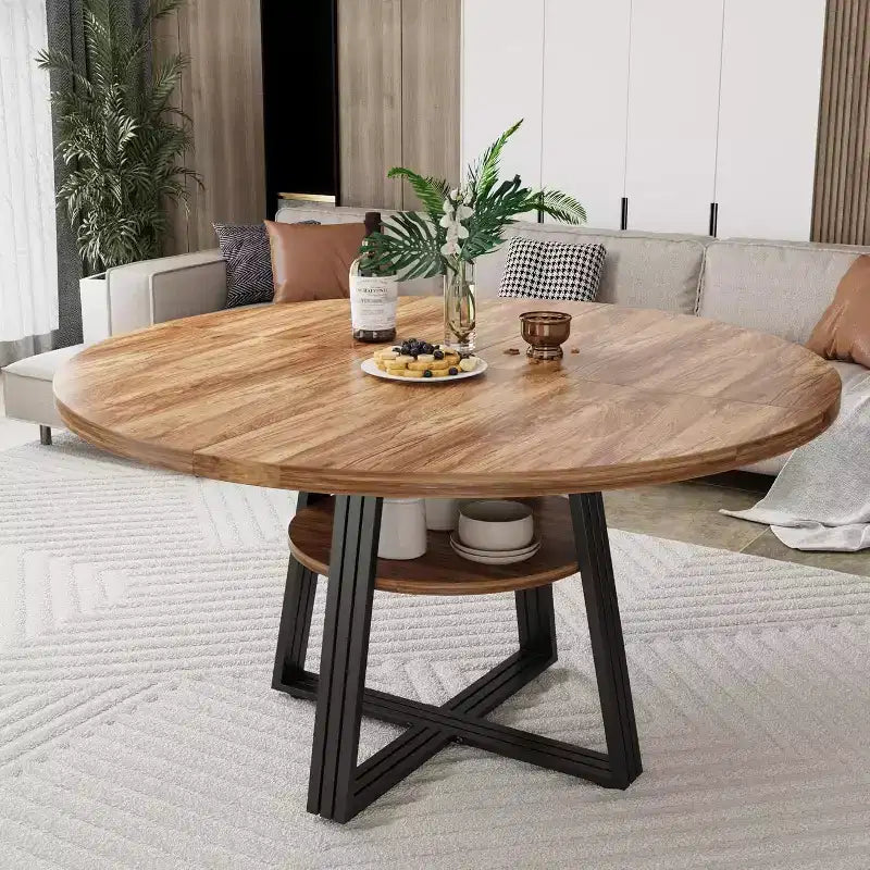 Table à manger ronde Acekool de 119 cm avec étagère de rangement et piètement en métal, 4-6 places, pour cuisine ou salle à manger