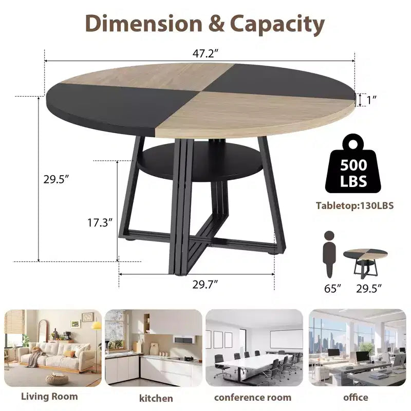 Table à manger ronde Acekool de 119 cm avec étagère de rangement et piètement en métal, 4-6 places, pour cuisine ou salle à manger
