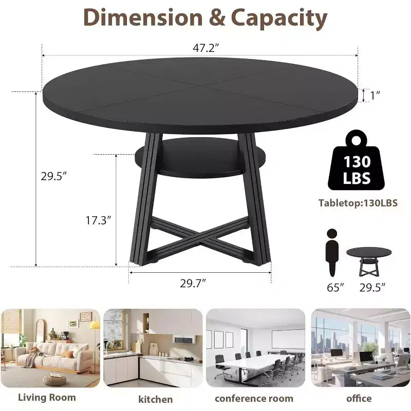 Table à manger ronde Acekool de 119 cm avec étagère de rangement et piètement en métal, 4-6 places, pour cuisine ou salle à manger