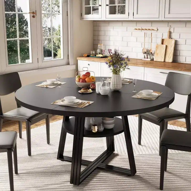Table à manger ronde Acekool de 119 cm avec étagère de rangement et piètement en métal, 4-6 places, pour cuisine ou salle à manger