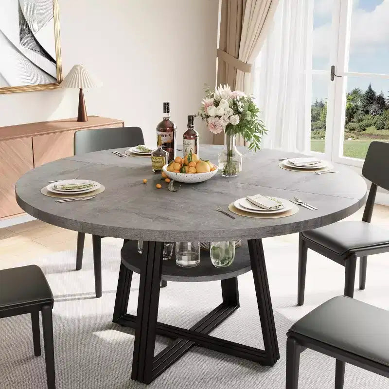 Table à manger ronde Acekool de 119 cm avec étagère de rangement et piètement en métal, 4-6 places, pour cuisine ou salle à manger