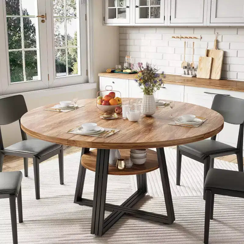 Table à manger ronde Acekool de 119 cm avec étagère de rangement et piètement en métal, 4-6 places, pour cuisine ou salle à manger