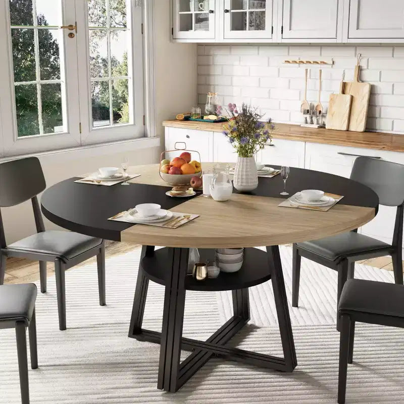 Table à manger ronde Acekool de 119 cm avec étagère de rangement et piètement en métal, 4-6 places, pour cuisine ou salle à manger