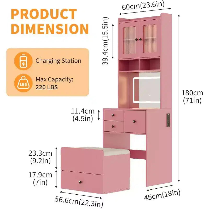 Coiffeuse compacte Acekool avec miroir, éclairage réglable, tiroir de rangement et station de charge, ensemble de table de maquillage pour chambre à coucher