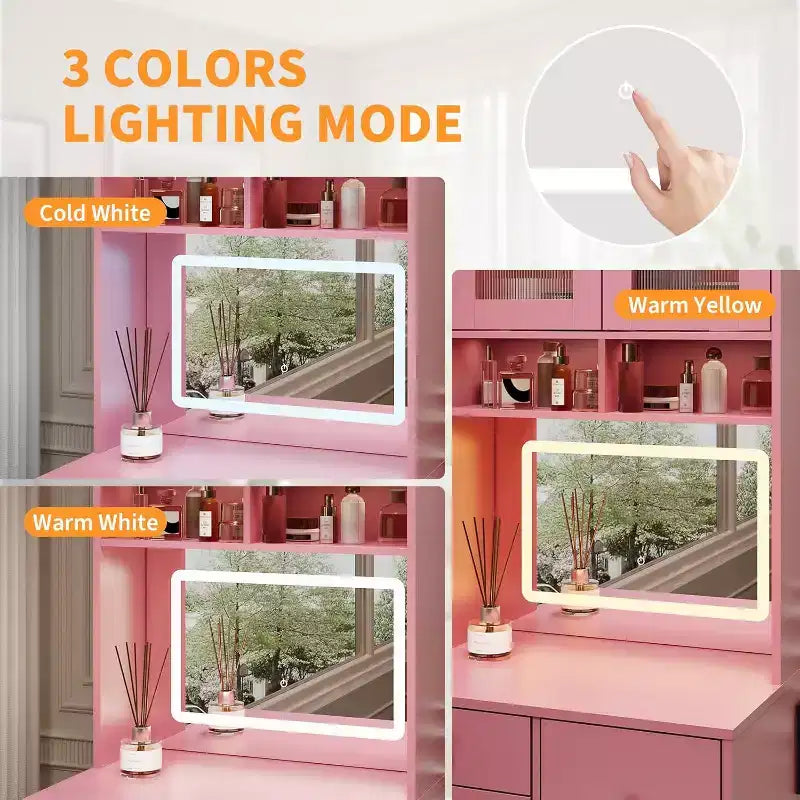 Coiffeuse compacte Acekool avec miroir, éclairage réglable, tiroir de rangement et station de charge, ensemble de table de maquillage pour chambre à coucher