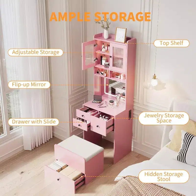 Coiffeuse compacte Acekool avec miroir, éclairage réglable, tiroir de rangement et station de charge, ensemble de table de maquillage pour chambre à coucher
